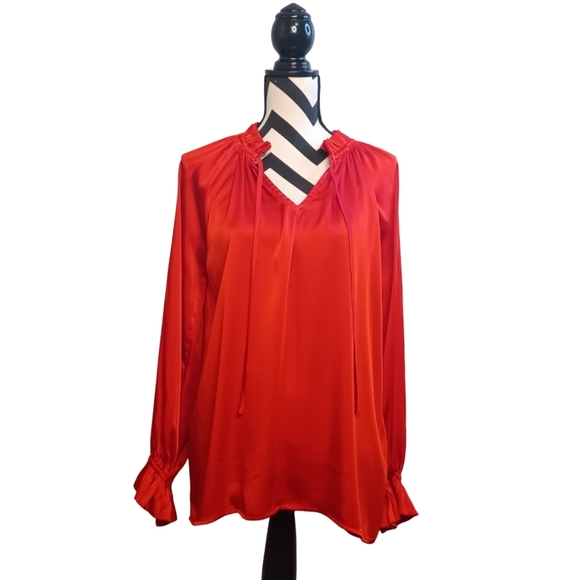 Jodifl Red Satin Ruffle Tie Neck Long-Sleeve Christmas Holiday Evening Blouse - Picture 1 of 11